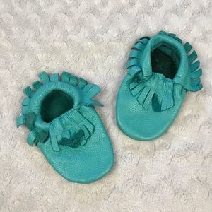Soft Soled Baby Fringe Moccasins Blue Green Shade